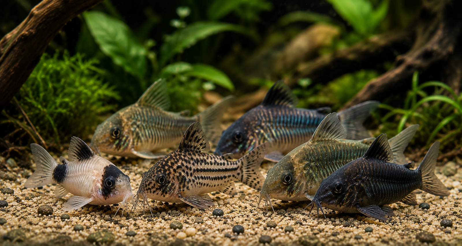 Corydoras sobre arena en un acuario natural