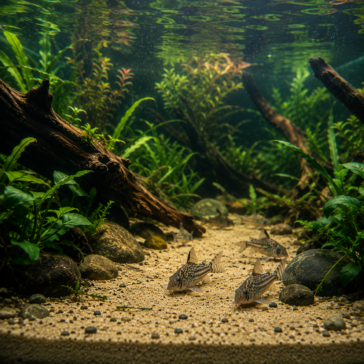 Corydora rebuscando sobre una capa de arena fina